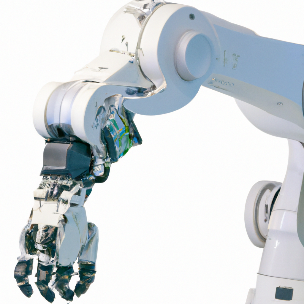 Gros plan sur un bras robotisé avec capteurs, style minimal sur fond blanc.