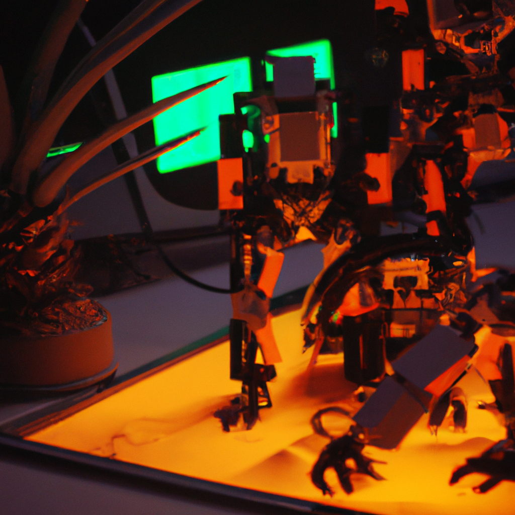 Étudiants construisant un robot dans un atelier lumineux, décor insulaire tropical, composants électroniques et microcontrôleurs.